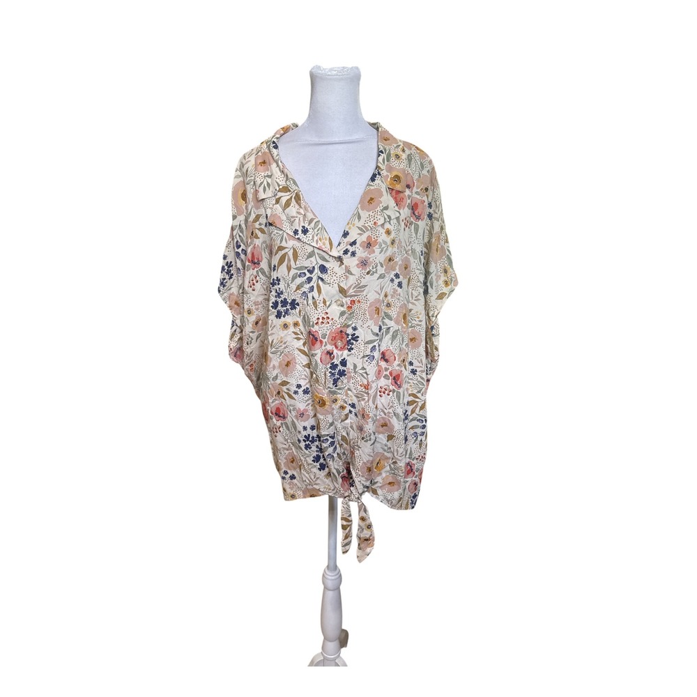 Torrid Floral Rayon Challis Tie-Front Dolman Sleeve Blouse Tan Pink‎ 3 3X 22-24